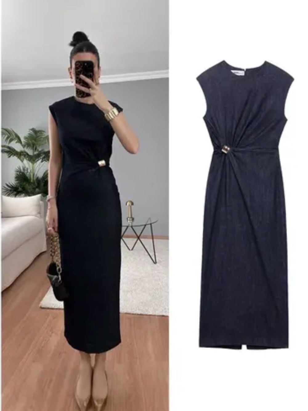 Zara Black Sleeveless Midi Dress with Waist Twist